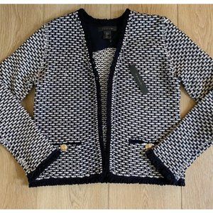 Tahari Bouclé Tweed Navy White Collarless Wool Blend Jacket Brass Buttons M NWT